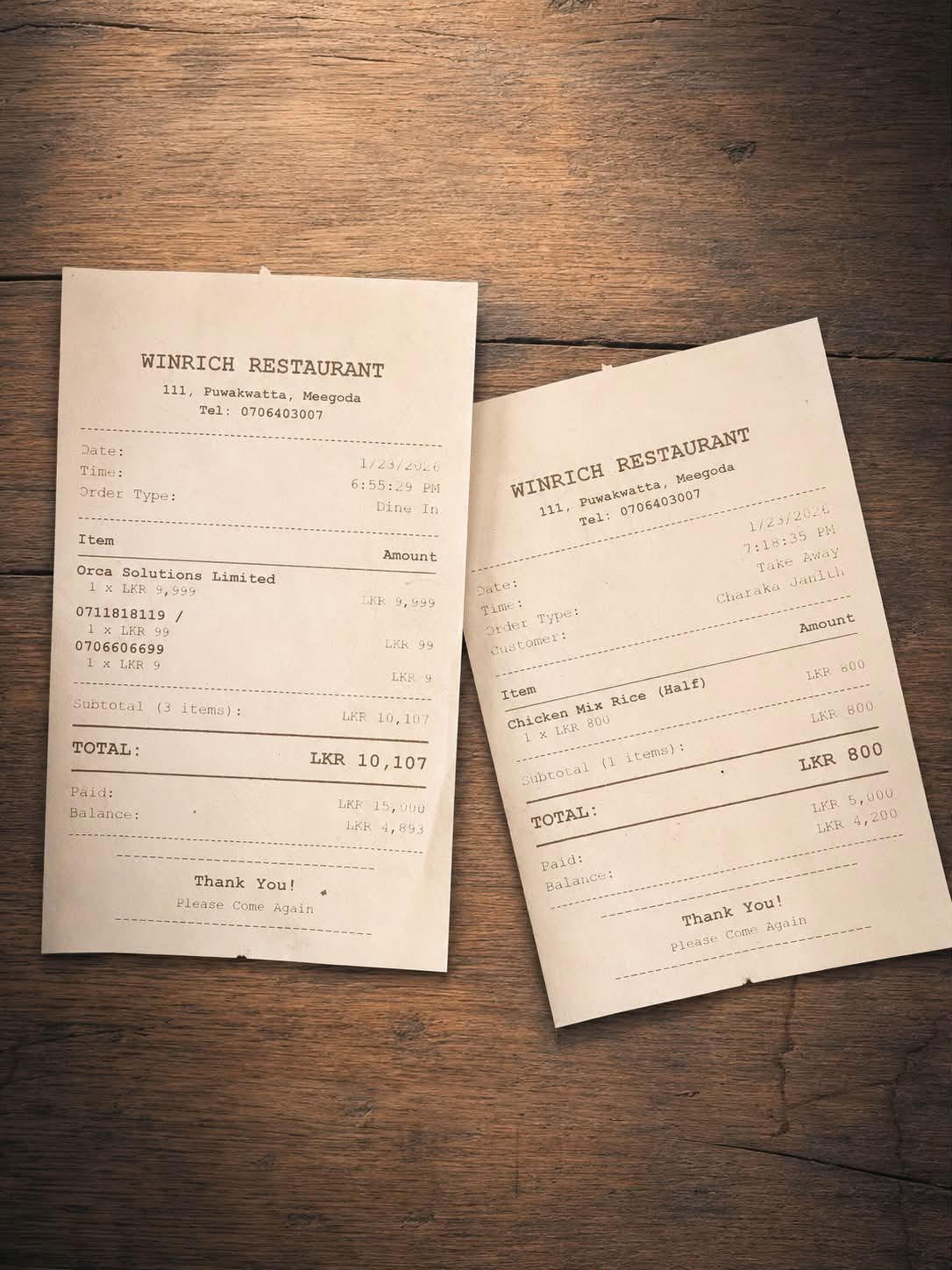 Restaurant POS test receipts